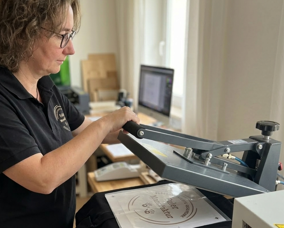 Carmen beim Pressen eines DTF Druck auf ein Hoodie